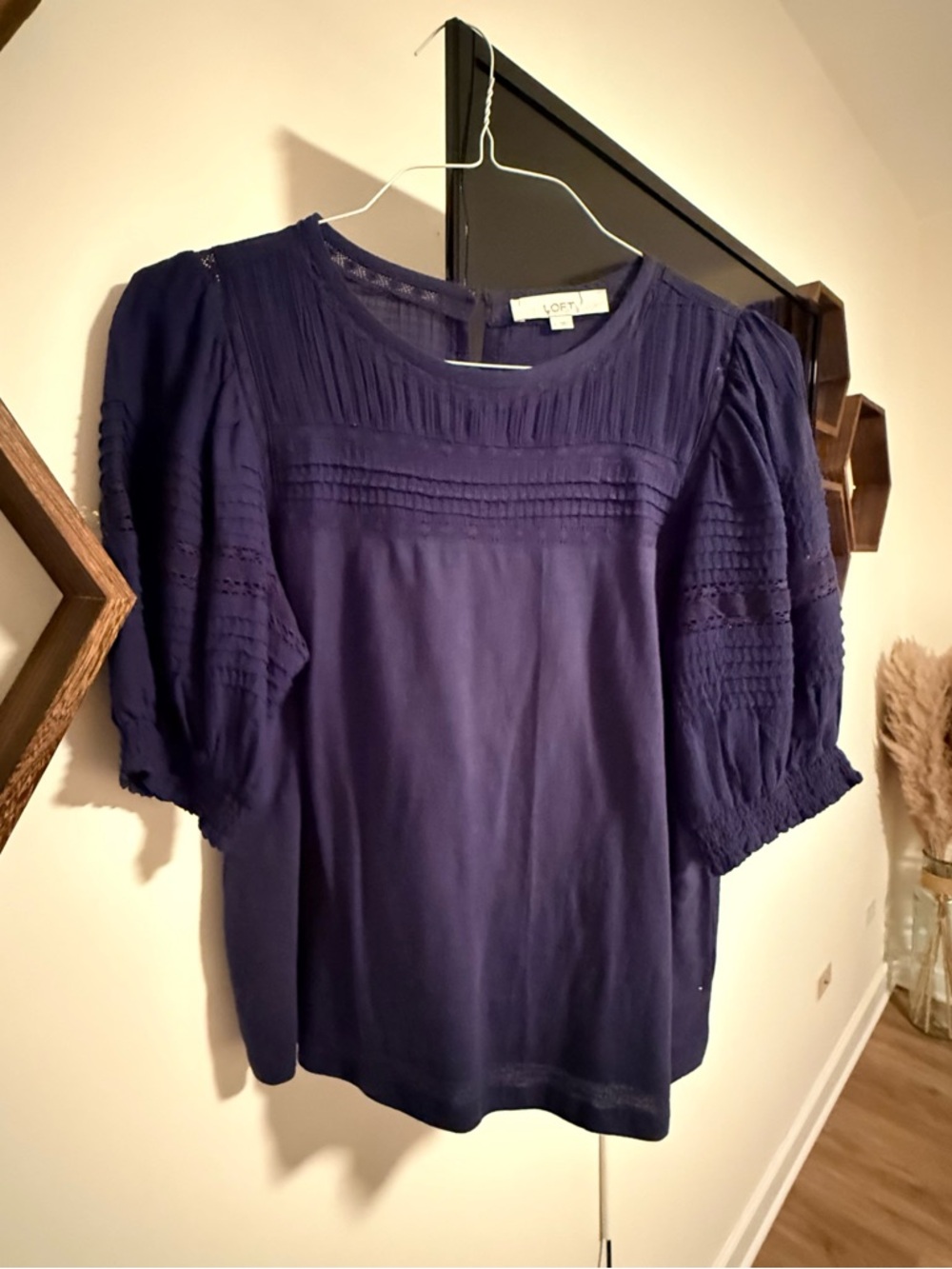 LOFT Navy Pintuck & Lace Sleeve Top